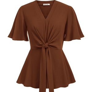 GRACE KARIN Women’s Elegant V-Neck Tie Waist Flowy Peplum Shirt Tops | Flatters Pear & Curvy Figures, Soft Breathable All-day, True to size, Office to Weddings & Weekend Casuals(Brown)