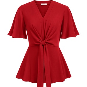 GRACE KARIN Women’s Elegant V-Neck Tie Waist Flowy Peplum Shirt Tops | Flatters Pear & Curvy Figures, Soft Breathable All-day, True to size, Office to Weddings & Weekend Casuals(Red)