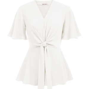 GRACE KARIN Women’s Elegant V-Neck Tie Waist Flowy Peplum Shirt Tops | Flatters Pear & Curvy Figures, Soft Breathable All-day, True to size, Office to Weddings & Weekend Casuals(White)
