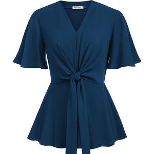 GRACE KARIN Women’s Elegant V-Neck Tie Waist Flowy Peplum Shirt Tops | Flatters Pear & Curvy Figures, Soft Breathable All-day, True to size, Office to Weddings & Weekend Casuals(Dark Blue)