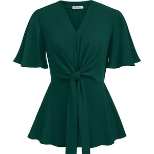 GRACE KARIN Women’s Elegant V-Neck Tie Waist Flowy Peplum Shirt Tops | Flatters Pear & Curvy Figures, Soft Breathable All-day, True to size, Office to Weddings & Weekend Casuals(Dark Green)