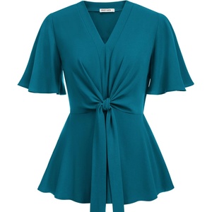 GRACE KARIN Women’s Elegant V-Neck Tie Waist Flowy Peplum Shirt Tops | Flatters Pear & Curvy Figures, Soft Breathable All-day, True to size, Office to Weddings & Weekend Casuals(Peacock Blue)