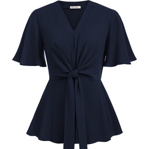 GRACE KARIN Women’s Elegant V-Neck Tie Waist Flowy Peplum Shirt Tops | Flatters Pear & Curvy Figures, Soft Breathable All-day, True to size, Office to Weddings & Weekend Casuals(Navy Blue-1)