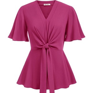 GRACE KARIN Women’s Elegant V-Neck Tie Waist Flowy Peplum Shirt Tops | Flatters Pear & Curvy Figures, Soft Breathable All-day, True to size, Office to Weddings & Weekend Casuals(Rose Red)