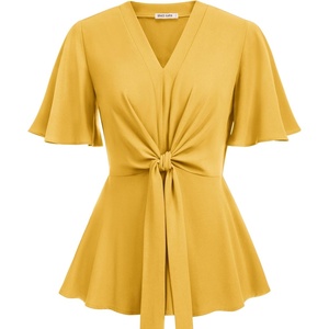 GRACE KARIN Women’s Elegant V-Neck Tie Waist Flowy Peplum Shirt Tops | Flatters Pear & Curvy Figures, Soft Breathable All-day, True to size, Office to Weddings & Weekend Casuals(Yellow)