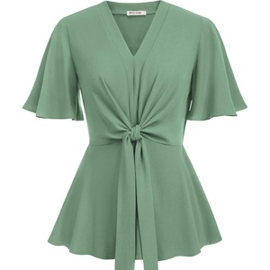 GRACE KARIN Women’s Elegant V-Neck Tie Waist Flowy Peplum Shirt Tops | Flatters Pear & Curvy Figures, Soft Breathable All-day, True to size, Office to Weddings & Weekend Casuals(Light Green)