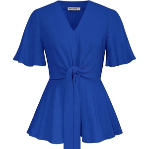 GRACE KARIN Women’s Elegant V-Neck Tie Waist Flowy Peplum Shirt Tops | Flatters Pear & Curvy Figures, Soft Breathable All-day, True to size, Office to Weddings & Weekend Casuals(Crinkly Royal Blue)