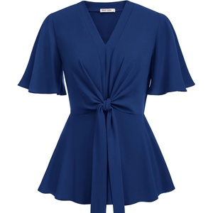 GRACE KARIN Women’s Elegant V-Neck Tie Waist Flowy Peplum Shirt Tops | Flatters Pear & Curvy Figures, Soft Breathable All-day, True to size, Office to Weddings & Weekend Casuals(Navy Blue)