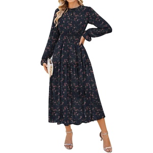 GRACE KARIN Women’s Floral Long Sleeve Fall Wedding Guest Maxi Dress | 2026 Chiffon,Side Pockets,Mock Neck,Smocked Tieded,A Line Flowy Outfits Suitable for Semi Formal/Party/Cocktail/Boho(Navy Blue Rose Floral)