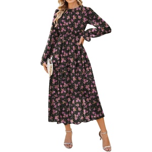 GRACE KARIN Women’s Floral Long Sleeve Fall Wedding Guest Maxi Dress | 2026 Chiffon,Side Pockets,Mock Neck,Smocked Tieded,A Line Flowy Outfits Suitable for Semi Formal/Party/Cocktail/Boho(Black and Rose Floral)