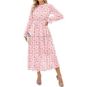 GRACE KARIN Women’s Floral Long Sleeve Fall Wedding Guest Maxi Dress | 2026 Chiffon,Side Pockets,Mock Neck,Smocked Tieded,A Line Flowy Outfits Suitable for Semi Formal/Party/Cocktail/Boho(Pink Floral)