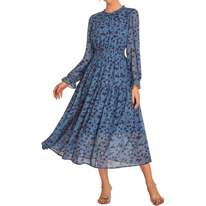 GRACE KARIN Women’s Floral Long Sleeve Fall Wedding Guest Maxi Dress | 2026 Chiffon,Side Pockets,Mock Neck,Smocked Tieded,A Line Flowy Outfits Suitable for Semi Formal/Party/Cocktail/Boho(Peacock Blue and Floral)