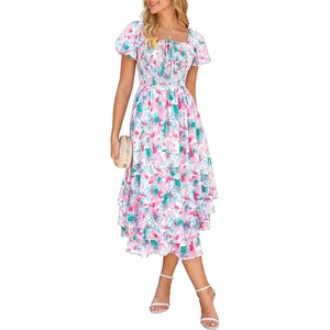 GRACE KARIN Womens Floral Maxi Wedding Guest Dress | 2026 Summer Flowy A Line Pockets Square Neck Chiffon Boho Casual Long Bridal Shower Garden Party Beach Vacation Dress(Green Flower)
