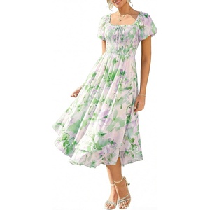 GRACE KARIN Womens Floral Maxi Wedding Guest Dress | 2026 Summer Flowy A Line Pockets Square Neck Chiffon Boho Casual Long Bridal Shower Garden Party Beach Vacation Dress(Green Floral)