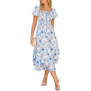 GRACE KARIN Womens Floral Maxi Wedding Guest Dress | 2026 Summer Flowy A Line Pockets Square Neck Chiffon Boho Casual Long Bridal Shower Garden Party Beach Vacation Dress(White Blue Floral)