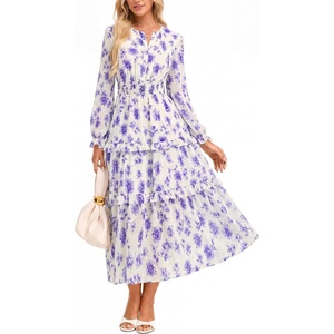 GRACE KARIN Women’s Long Sleeve Fall Wedding Guest Floral Dress | 2026 V Neck,Pockets,Smocked Tieded,A Line,Flowy Maxi Dresses,Casual Boho Outfits Suitable for Outing/Dates/Travel/Vacations(Purple Floral)