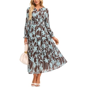 GRACE KARIN Women’s Long Sleeve Fall Wedding Guest Floral Dress | 2026 V Neck,Pockets,Smocked Tieded,A Line,Flowy Maxi Dresses,Casual Boho Outfits Suitable for Outing/Dates/Travel/Vacations(Blue Brown Leaves)
