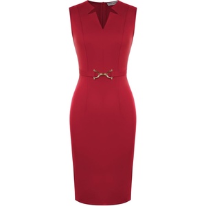 GRACE KARIN Womens Midi Work Business Formal Funeral Dresses 2026 | Summer Sleeveless V Neck Bodycon Pencil Sheath Knee Length Dress Professional Formal Office Church Cocktail Outfits(Red)