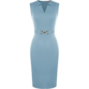 GRACE KARIN Womens Midi Work Business Formal Funeral Dresses 2026 | Summer Sleeveless V Neck Bodycon Pencil Sheath Knee Length Dress Professional Formal Office Church Cocktail Outfits(Gray Blue)