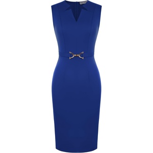GRACE KARIN Womens Midi Work Business Formal Funeral Dresses 2026 | Summer Sleeveless V Neck Bodycon Pencil Sheath Knee Length Dress Professional Formal Office Church Cocktail Outfits(Roral Blue)
