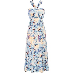 GRACE KARIN Womens Summer Floral Halter Boho Maxi Dresses | 2026 Flowy Criss Cross A Line Long Sundress Casual Tropical Vacation Beach Clothes Wedding Guest Dress With Pocket(Floral White Blue)