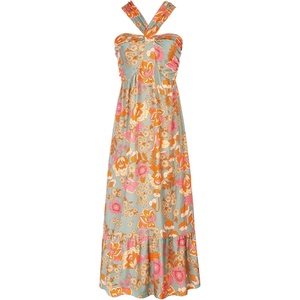 GRACE KARIN Womens Summer Floral Halter Boho Maxi Dresses | 2026 Flowy Criss Cross A Line Long Sundress Casual Tropical Vacation Beach Clothes Wedding Guest Dress With Pocket(Greygreen)