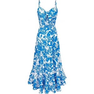 GRACE KARIN Women’s Summer Floral Maxi Sundresses | Beach Boho Dress with Pockets,Spaghetti Strap,V Neck,Smocked Back,Casual Fashion Clothes/Vacation Outfits/A Line Long Dress(Blue and White Floral)