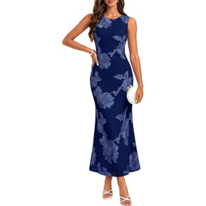 GRACE KARIN Women’s Summer Floral Mesh Wedding Guest Dress | Sleeveless,Crew Neck,Bodycon,Midi Long Dresses,Semi Formal,Bridal Shower,Cocktail/Party/Sexy Prom/Beach(Navy)