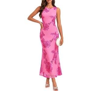 GRACE KARIN Women’s Summer Floral Mesh Wedding Guest Dress | Sleeveless,Crew Neck,Bodycon,Midi Long Dresses,Semi Formal,Bridal Shower,Cocktail/Party/Sexy Prom/Beach(Rose)