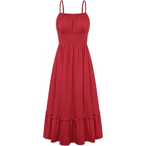 GRACE KARIN Women’s Summer Maxi Dresses 2026 Beach Vacation Dress | Casual, Smocked Waist, Spaghetti Strap, Sleeveless, Boho Sundress With Pockets, Trendy Fashion Outfits(Red)