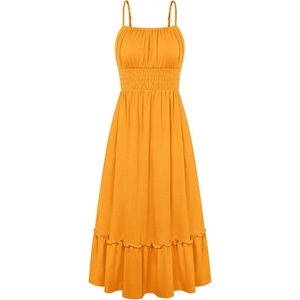 GRACE KARIN Women’s Summer Maxi Dresses 2026 Beach Vacation Dress | Casual, Smocked Waist, Spaghetti Strap, Sleeveless, Boho Sundress With Pockets, Trendy Fashion Outfits(Mustard Yellow)
