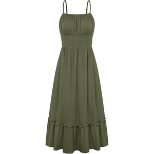 GRACE KARIN Women’s Summer Maxi Dresses 2026 Beach Vacation Dress | Casual, Smocked Waist, Spaghetti Strap, Sleeveless, Boho Sundress With Pockets, Trendy Fashion Outfits(Olive Green)