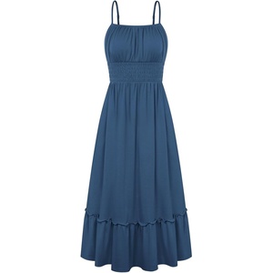 GRACE KARIN Women’s Summer Maxi Dresses 2026 Beach Vacation Dress | Casual, Smocked Waist, Spaghetti Strap, Sleeveless, Boho Sundress With Pockets, Trendy Fashion Outfits(Blue)