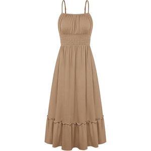 GRACE KARIN Women’s Summer Maxi Dresses 2026 Beach Vacation Dress | Casual, Smocked Waist, Spaghetti Strap, Sleeveless, Boho Sundress With Pockets, Trendy Fashion Outfits(Light Coffee)