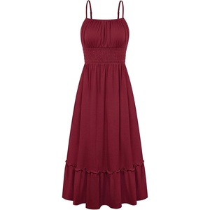 GRACE KARIN Women’s Summer Maxi Dresses 2026 Beach Vacation Dress | Casual, Smocked Waist, Spaghetti Strap, Sleeveless, Boho Sundress With Pockets, Trendy Fashion Outfits(Burgundy)