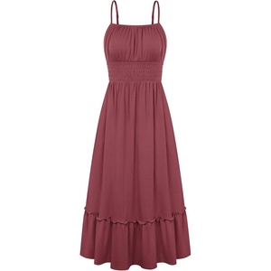 GRACE KARIN Women’s Summer Maxi Dresses 2026 Beach Vacation Dress | Casual, Smocked Waist, Spaghetti Strap, Sleeveless, Boho Sundress With Pockets, Trendy Fashion Outfits(Brick Red)