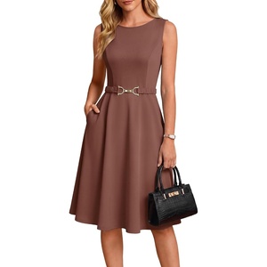 GRACE KARIN Work Business Midi Flowy Sleeveless Dresses for Women | A Line,Belted,Collar Neck,Knee Length,with Pockets Zipper,Business Causal,Office,Church,Funeral,Cocktail,Wedding,Professional(Coffee)