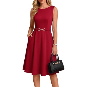 GRACE KARIN Work Business Midi Flowy Sleeveless Dresses for Women | A Line,Belted,Collar Neck,Knee Length,with Pockets Zipper,Business Causal,Office,Church,Funeral,Cocktail,Wedding,Professional(Red)