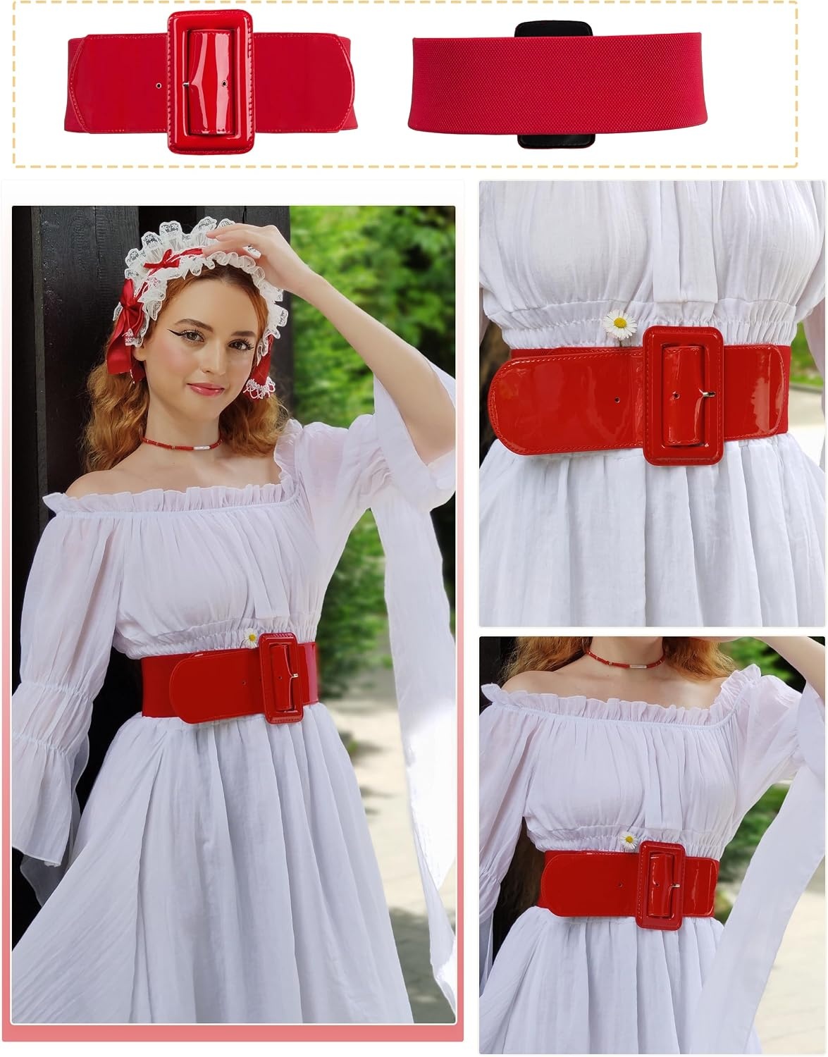 image:imageGRACE KARIN Womens Stretchy Belt 3 Inch Wide Elastic Belts Stretch Waist Belt for Dress Cute Belts for Women Dresses Wide Elastic Adjustable Vintage for Casual Party for CosplayRed