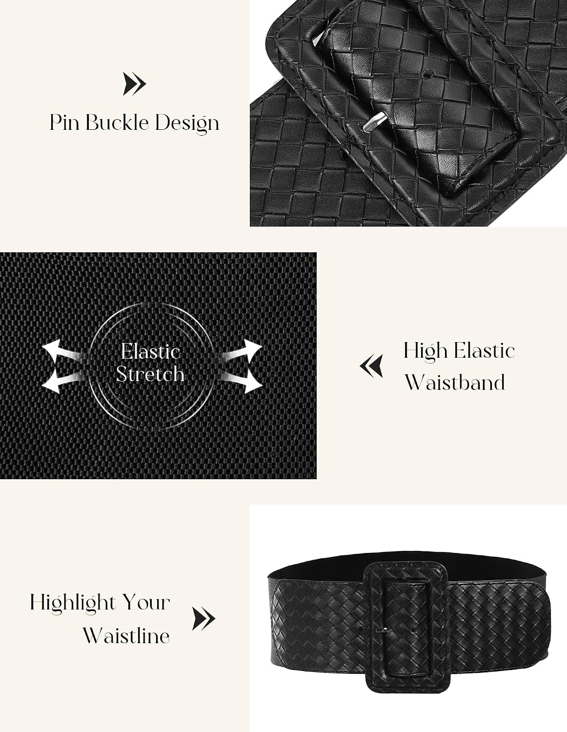 image:imageGRACE KARIN Womens Stretchy Belt 3 Inch Wide Elastic Belts Stretch Waist Belt for Dress Cute Belts for Women Dresses Wide Elastic Adjustable Vintage for Casual Party for CosplayBraid Black