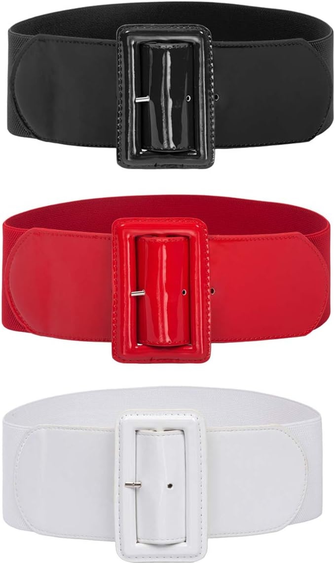 image:imageGRACE KARIN Womens Stretchy Belt 3 Inch Wide Elastic Belts Stretch Waist Belt for Dress Cute Belts for Women Dresses Wide Elastic Adjustable Vintage for Casual Party for CosplayBlackwhitered