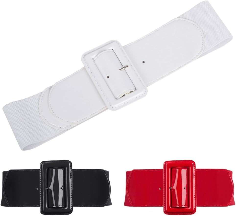 image:imageGRACE KARIN Womens Stretchy Belt 3 Inch Wide Elastic Belts Stretch Waist Belt for Dress Cute Belts for Women Dresses Wide Elastic Adjustable Vintage for Casual Party for CosplayBlackwhitered