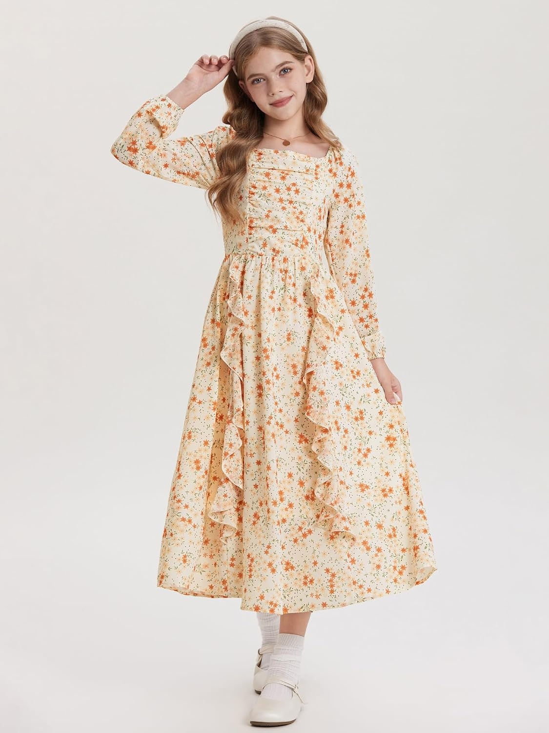 image:imageGRACE KARIN Girls Fall Dresses Long Sleeve Maxi Floral Winter Dress 714Y Kids Square Neck Ruffle Hem Casual Holiday Party Outfit ALine Twirl Swing Long Dress for Birthday Photoshoot Wedding ChurchCream Orange Ditsy Floral