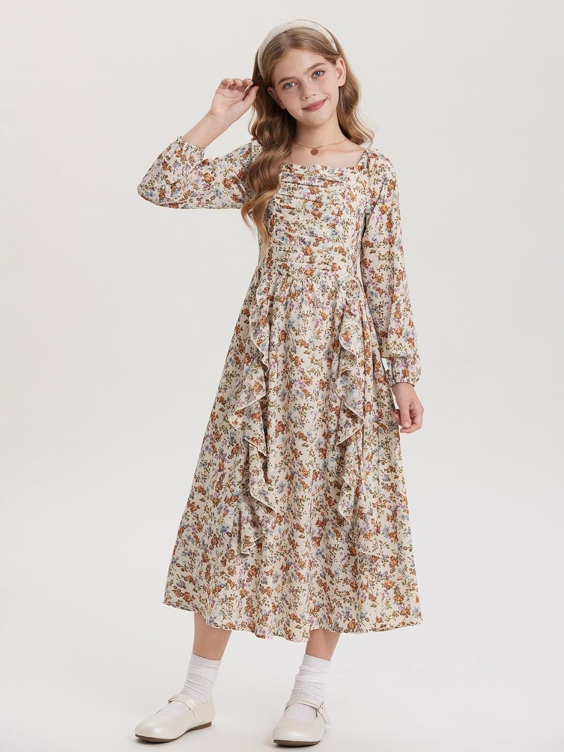 image:imageGRACE KARIN Girls Fall Dresses Long Sleeve Maxi Floral Winter Dress 714Y Kids Square Neck Ruffle Hem Casual Holiday Party Outfit ALine Twirl Swing Long Dress for Birthday Photoshoot Wedding ChurchBeige Pumpkin Floral