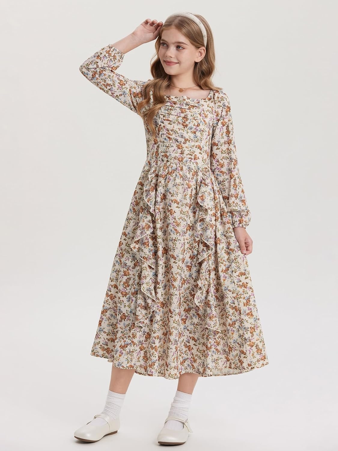 image:imageGRACE KARIN Girls Fall Dresses Long Sleeve Maxi Floral Winter Dress 714Y Kids Square Neck Ruffle Hem Casual Holiday Party Outfit ALine Twirl Swing Long Dress for Birthday Photoshoot Wedding ChurchBeige Pumpkin Floral