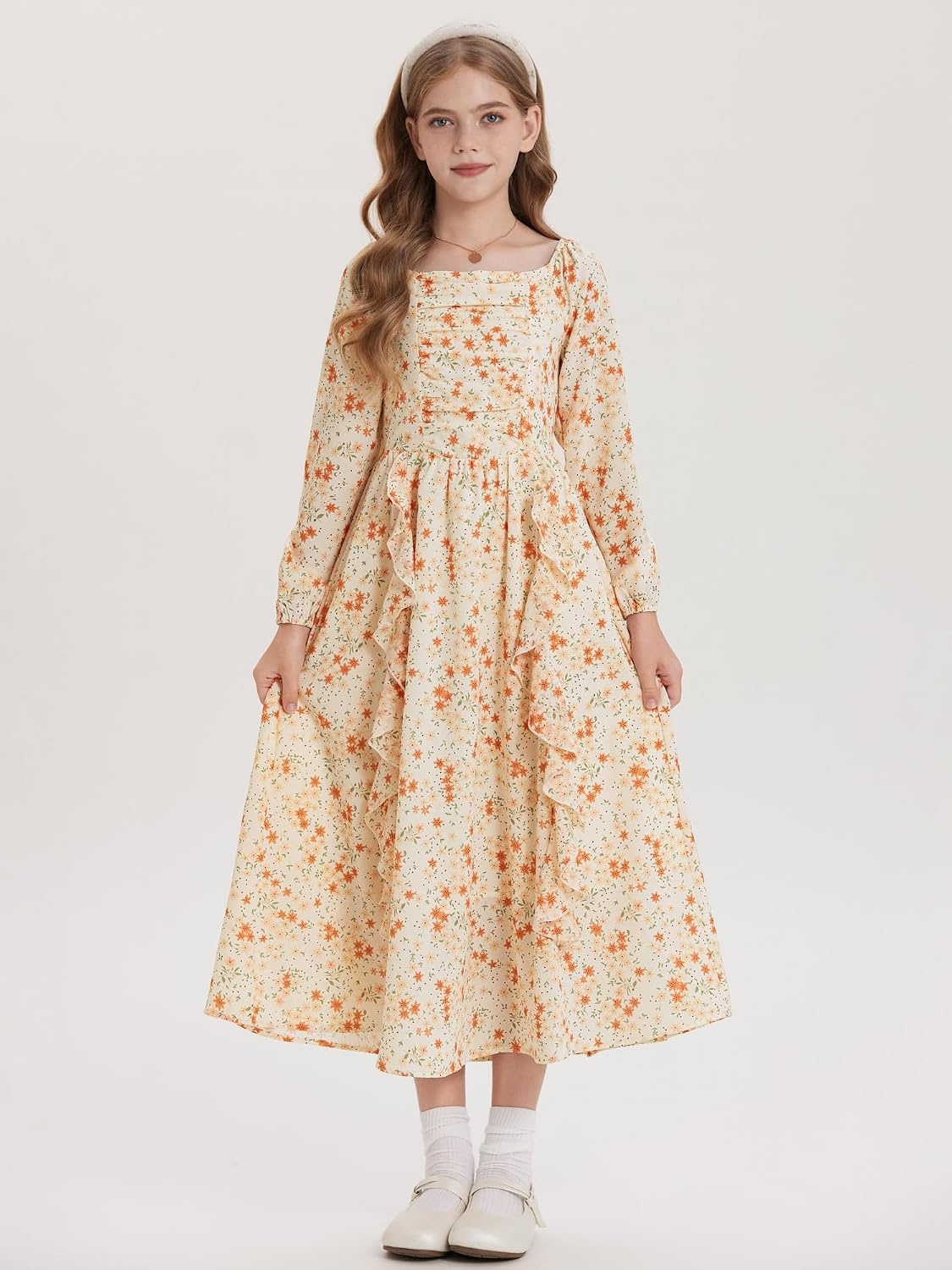 image:imageGRACE KARIN Girls Fall Dresses Long Sleeve Maxi Floral Winter Dress 714Y Kids Square Neck Ruffle Hem Casual Holiday Party Outfit ALine Twirl Swing Long Dress for Birthday Photoshoot Wedding ChurchCream Orange Ditsy Floral