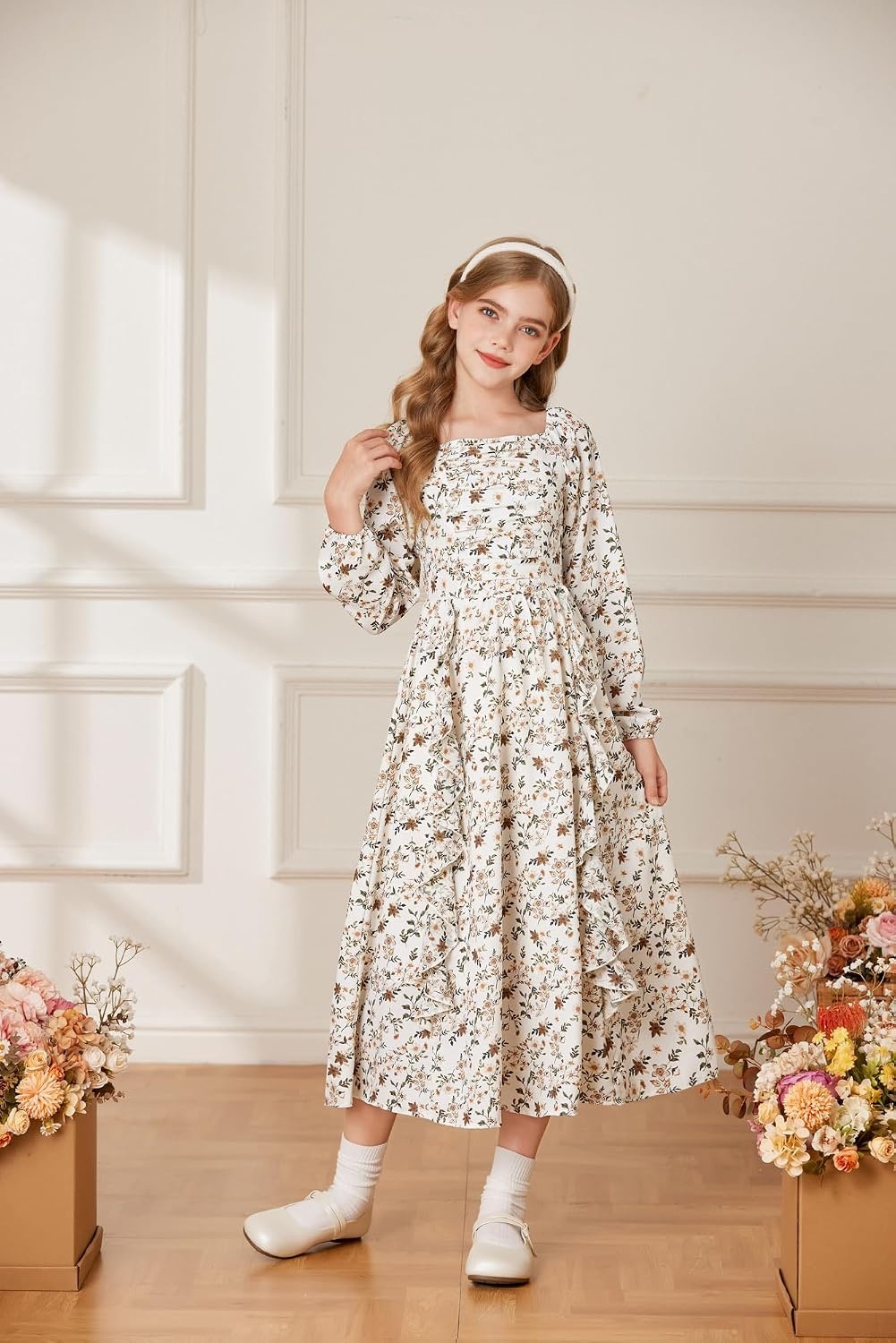 image:imageGRACE KARIN Girls Fall Dresses Long Sleeve Maxi Floral Winter Dress 714Y Kids Square Neck Ruffle Hem Casual Holiday Party Outfit ALine Twirl Swing Long Dress for Birthday Photoshoot Wedding ChurchApricot Floral