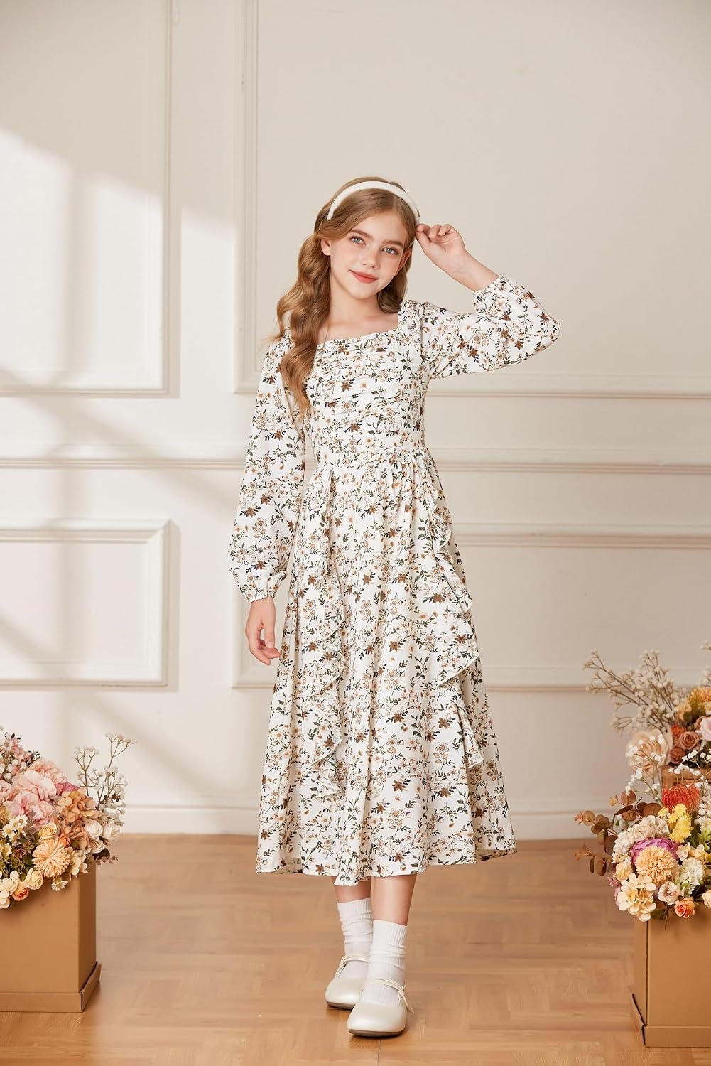 image:imageGRACE KARIN Girls Fall Dresses Long Sleeve Maxi Floral Winter Dress 714Y Kids Square Neck Ruffle Hem Casual Holiday Party Outfit ALine Twirl Swing Long Dress for Birthday Photoshoot Wedding ChurchApricot Floral