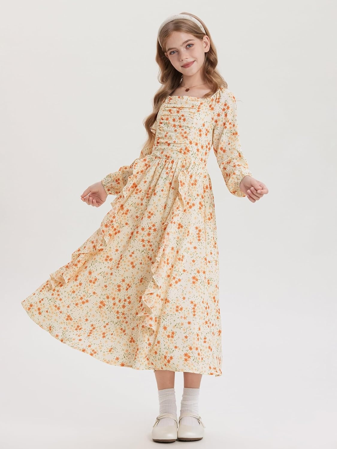 image:imageGRACE KARIN Girls Fall Dresses Long Sleeve Maxi Floral Winter Dress 714Y Kids Square Neck Ruffle Hem Casual Holiday Party Outfit ALine Twirl Swing Long Dress for Birthday Photoshoot Wedding ChurchCream Orange Ditsy Floral