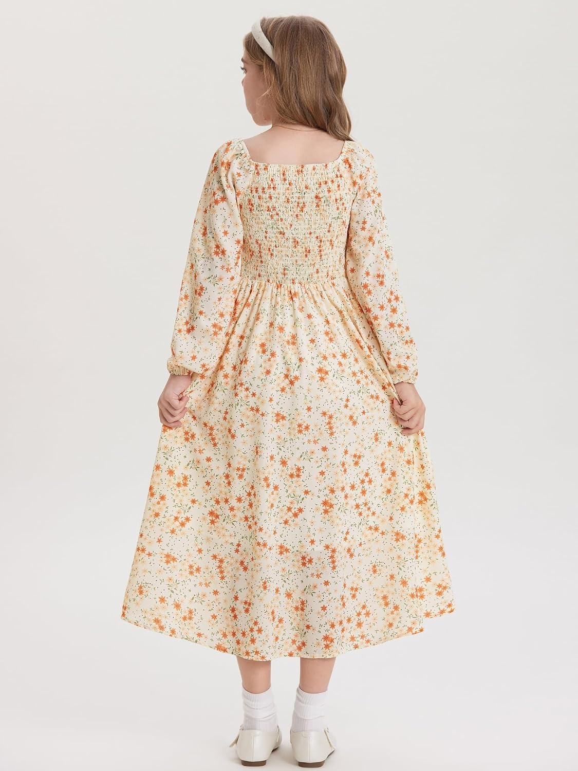 image:imageGRACE KARIN Girls Fall Dresses Long Sleeve Maxi Floral Winter Dress 714Y Kids Square Neck Ruffle Hem Casual Holiday Party Outfit ALine Twirl Swing Long Dress for Birthday Photoshoot Wedding ChurchCream Orange Ditsy Floral